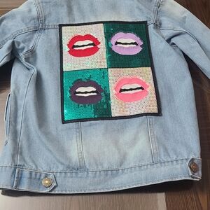 Girls Sparkle By Stoopher Denim Jacket with Sequin Lips Size 10